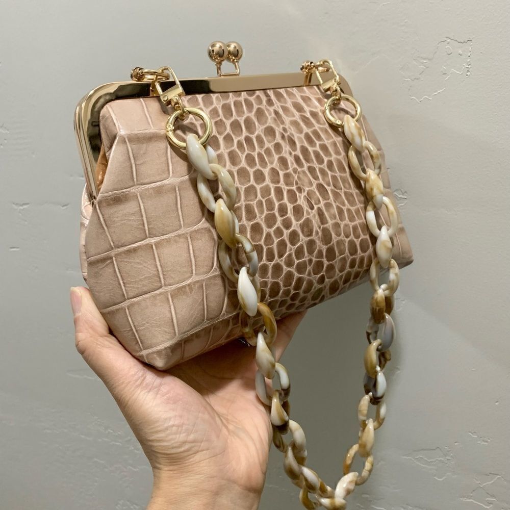 Handmade Genuine Leather Croc-Embossed Kisslock Clutch/Shoulder bag/Crossbody - Picture 11 of 16